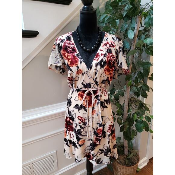 Aakaa Fit & Flare Dress Women's Large Multi Floral Lined Velour Tie Waist V Neck - Picture 2 of 16